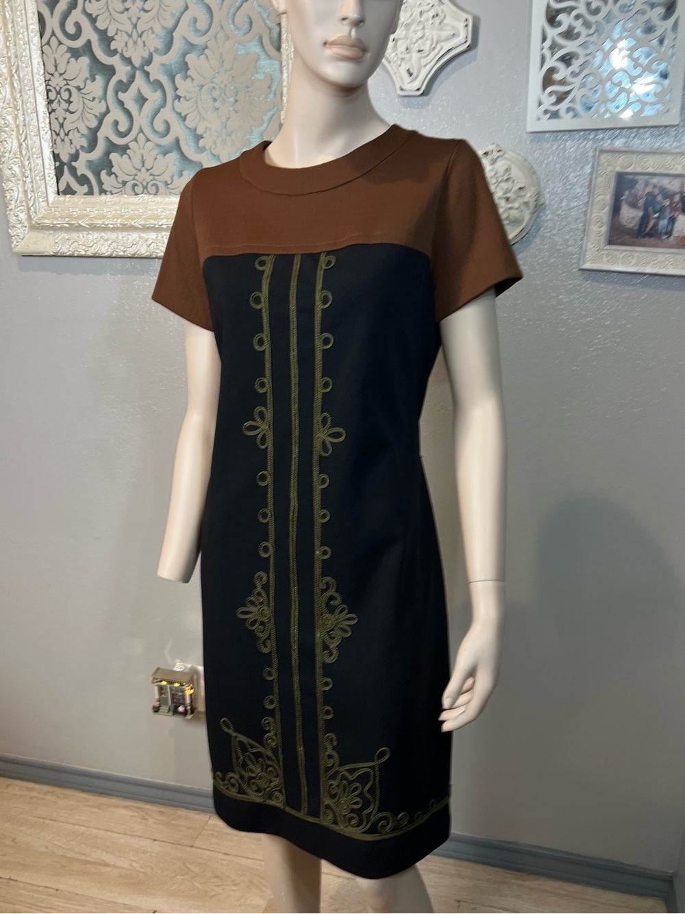 Vintage 1960’s 1970’s Black Shift Dress with Brown Yoke and Embroidered Detail